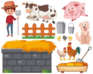 Set of farmer and animals on white background illustration clipart