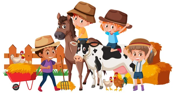 農場のイラストの上の幸せな子供や動物 — ストックベクタ