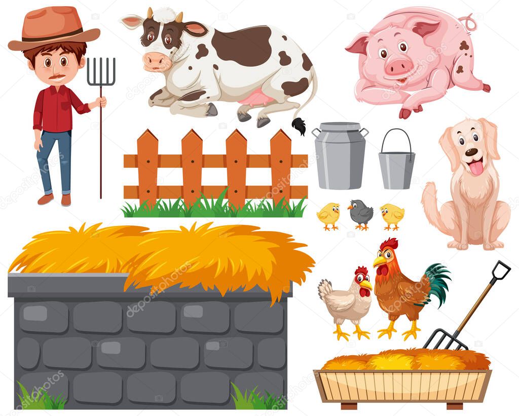Set of farmer and animals on white background illustration