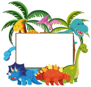 Set of cute dinosaurs with blank banner isolated on white background illustration clipart