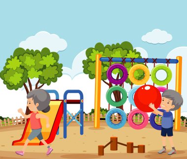 Park illüstrasyonunda yaşlı bir çiftin egzersiz yaptığı sahne