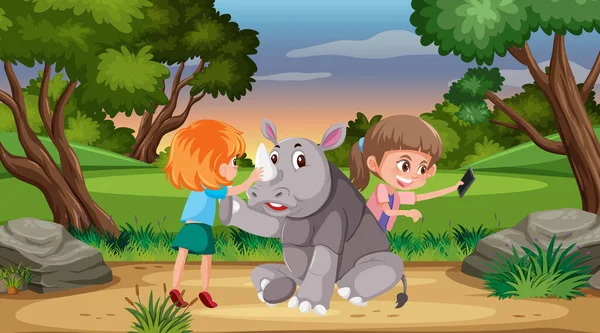 Cena Com Duas Meninas Rinoceronte Parque Ilustração — Vetor de Stock