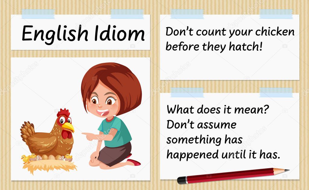 English idiom don't count your chicken before they hatch template illustration