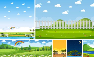 Gündüz ve gece illüstrasyonunda dikey ve ufuk sahnelerinde farklı doğa sahneleri.