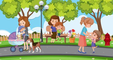 Parktaki resimde anne ve çocukların dinlendiği sahne