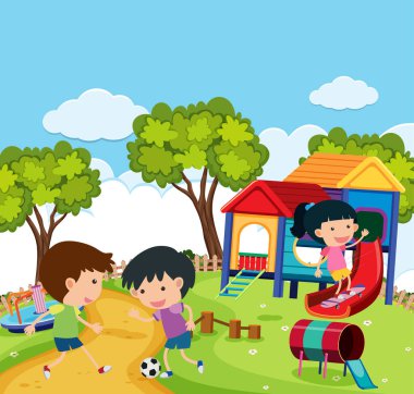 Park illüstrasyonunda çocukların oynadığı sahne