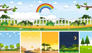 Gündüz ve gece illüstrasyonunda dikey ve ufuk sahnelerinde farklı doğa sahneleri.