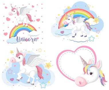 Pastel renkli şirin tek boynuzlu at ya da pegasus seti.