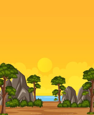 Sahilde ağaçların ve taşların olduğu dikey doğa manzarası veya kırsal alan. Ve sarı günbatımı gökyüzü görüntüsü.