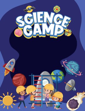 Boş afişi olan bilim kampı logosu ve uzay nesneleri resimli mühendis kostümü giyen çocuklar.