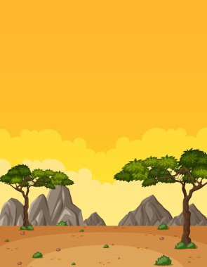 Dikey doğa manzarası ya da orman manzaralı kırsal alan ve sarı günbatımı gökyüzü resmi