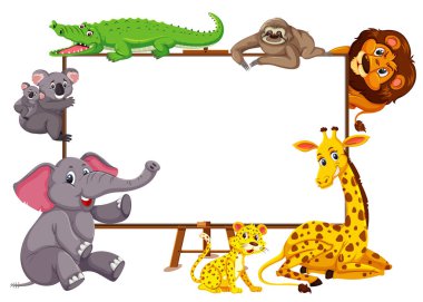 Vahşi hayvanlar çizgi film karakteri ve beyaz arkaplan resimlerinde boş afiş