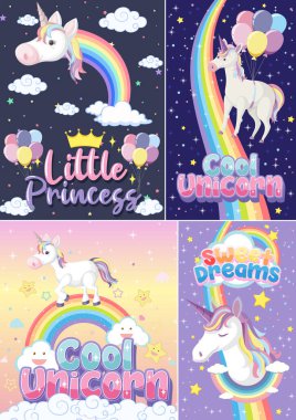 Pastel arkaplan renk illüstrasyonunda şirin tek boynuzlu at afişi