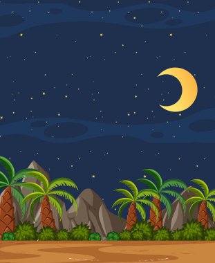 Dikey doğa manzarası ya da plam ağaçları manzaralı kırsal arazi ve gece çizimlerinde boş gökyüzü