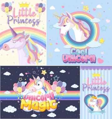 Pastel arkaplan renk illüstrasyonunda şirin tek boynuzlu at afişi