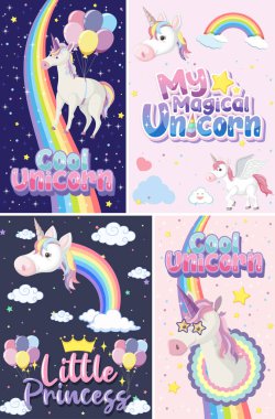 Pastel arkaplan renk illüstrasyonunda şirin tek boynuzlu at afişi