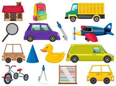 Çeşitli nesnelerin çizgi film çizimleri