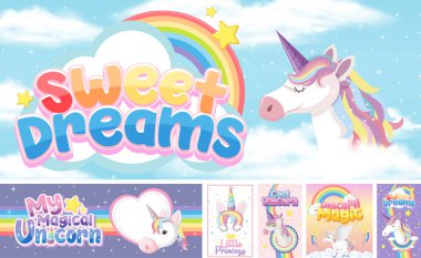 Pastel arkaplan renk illüstrasyonunda şirin tek boynuzlu at afişi