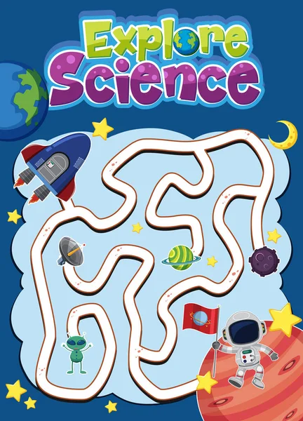 Laberinto Juego Para Niños Con Explorar Logotipo Ciencia Espacio Tema — Vector de stock