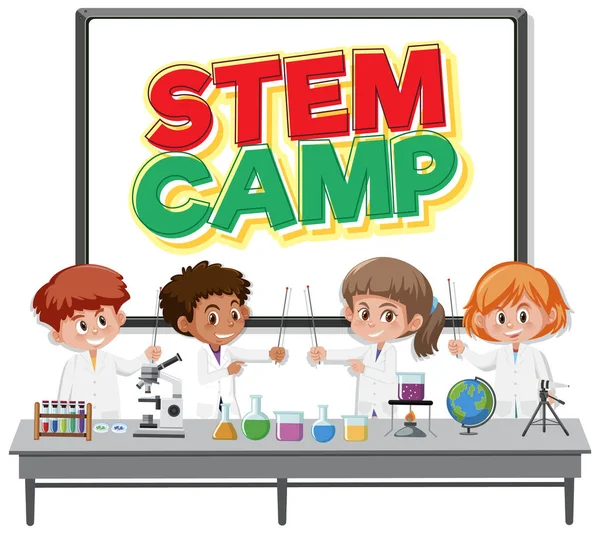 Stem Camp Logó Gyerekek Viselnek Tudós Jelmez Elszigetelt Illusztráció — Stock Vector