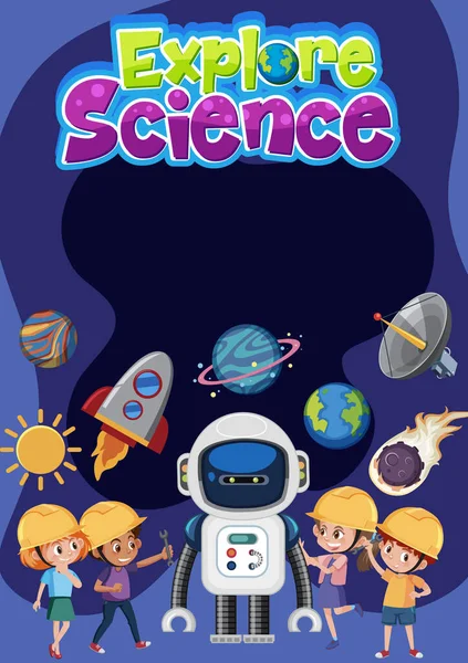 Explore Science Logo Blank Banner Kids Wearing Engineer Costume Space — Stock Vector