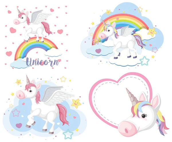 Set Cute Unicorn Pegasus Pastel Color Isoalted Illustration — 스톡 벡터