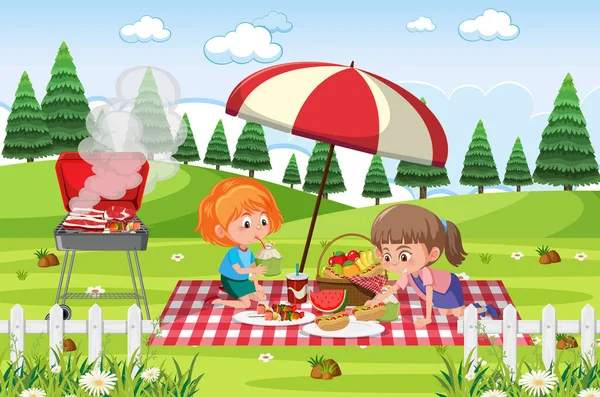 Szene Mit Zwei Mädchen Beim Essen Park Illustration — Stockvektor
