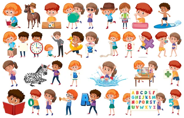 Gran Conjunto Niños Que Realizan Diferentes Actividades Sobre Fondo Blanco — Vector de stock