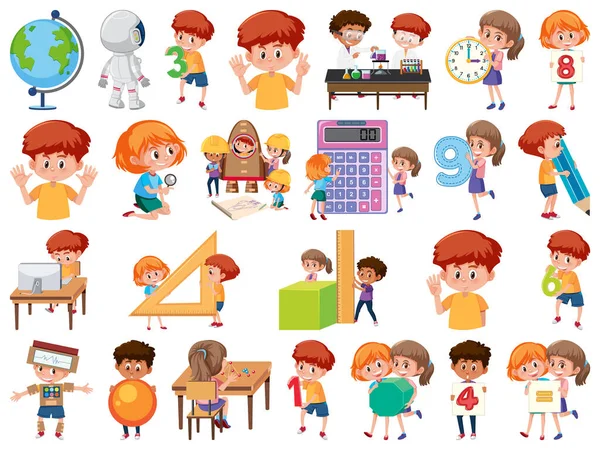 Conjunto Niños Con Objetos Educativos Ilustración Aislada — Vector de stock