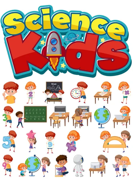 科学の子供たちのロゴや教育オブジェクトの孤立イラストと子供のセット — ストックベクタ