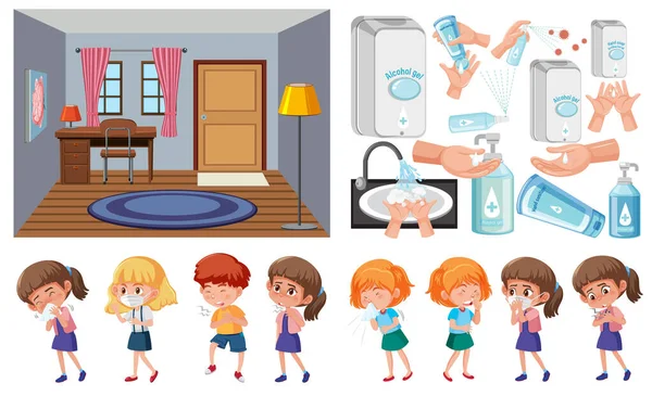 Escena Fondo Habitación Vacía Conjunto Ilustración Niños Enfermos — Vector de stock