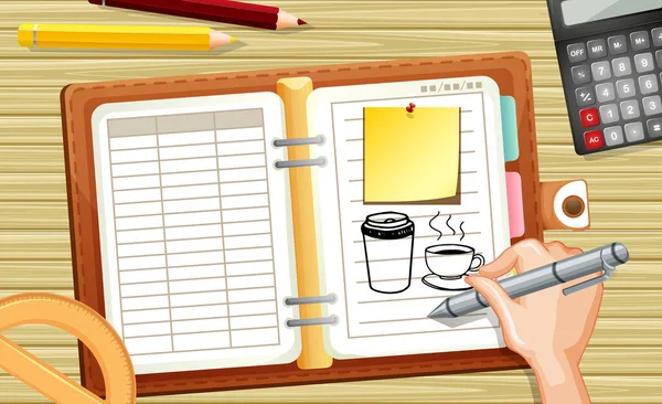 Feche Mão Desenhando Xícara Café Notebook Com Calculadora Fundo Mesa — Vetor de Stock