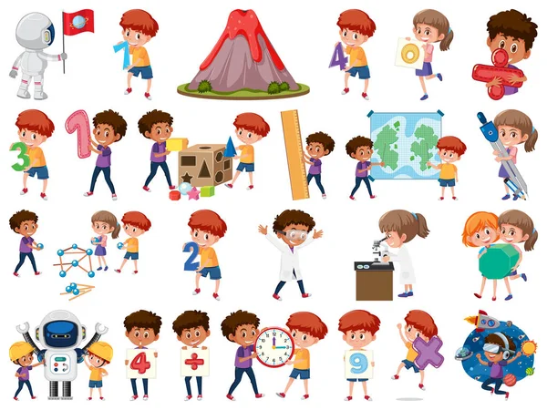 Set Kinderen Met Onderwijsobjecten Geïsoleerde Illustratie — Stockvector