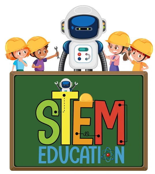 Stem Εκπαιδευτικό Λογότυπο Παιδιά Φορώντας Μηχανικός Και Ρομπότ Εικονογράφηση — Διανυσματικό Αρχείο