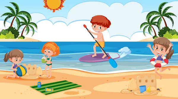 Pozadí Scéna Dětmi Hrát Pláži Ilustrace — Stockový vektor