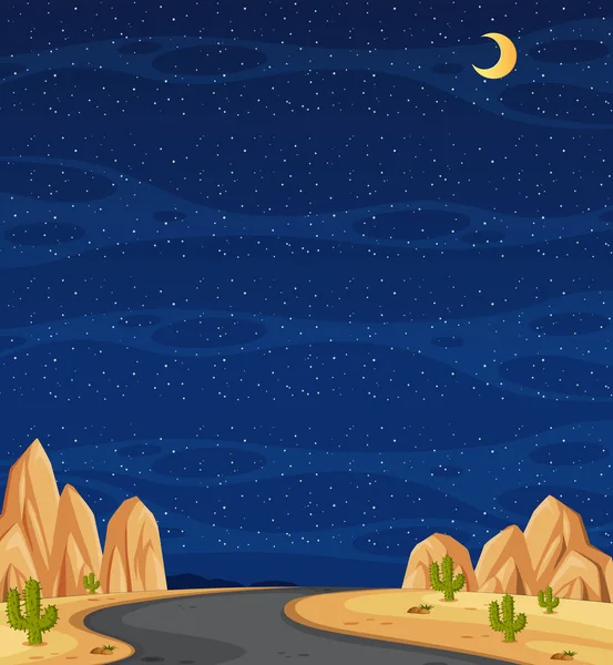带中间道路的垂直自然景观或风景区 夜间在沙地和空旷的天空中展示 — 图库矢量图片