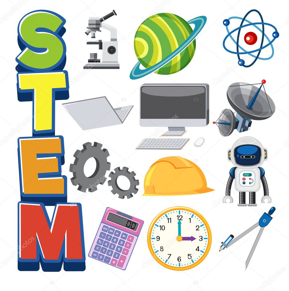 Stem logo and set of education objects isolated illustration