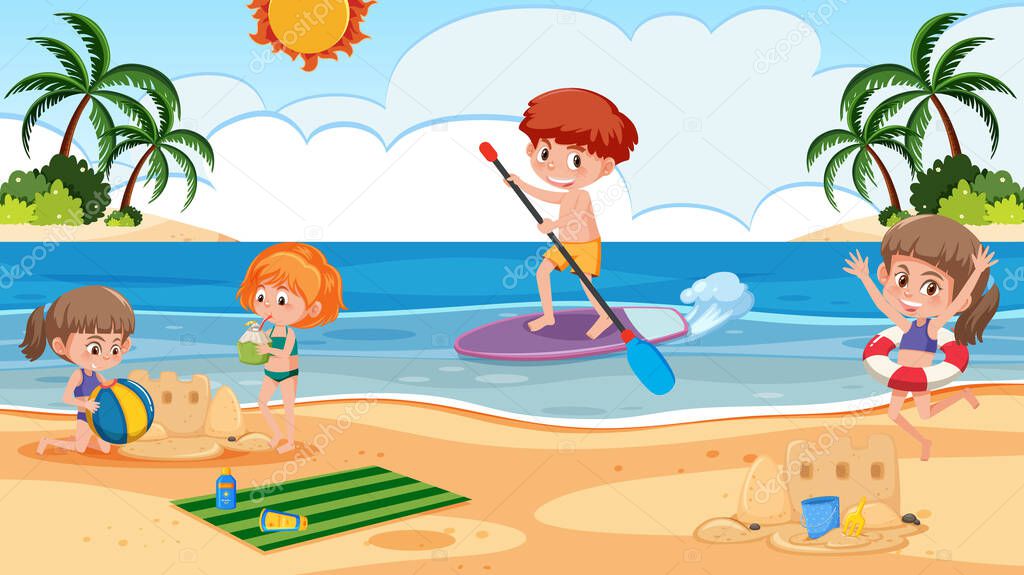 Background scene with kids playing on the beach illustration