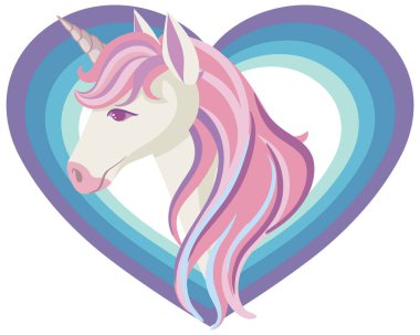 Gökkuşağı yelesi ve boynuzu olan tek boynuzlu at kafası beyaz arkaplanda izole edilmiş.