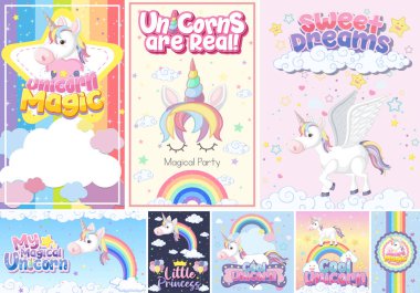 Pastel arkaplan renk illüstrasyonunda şirin tek boynuzlu at afişi