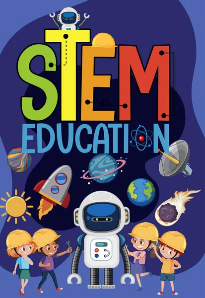 Stem Εκπαιδευτικό Λογότυπο Παιδιά Φορώντας Μηχανικός Στο Διάστημα Θέμα Εικονογράφηση — Διανυσματικό Αρχείο