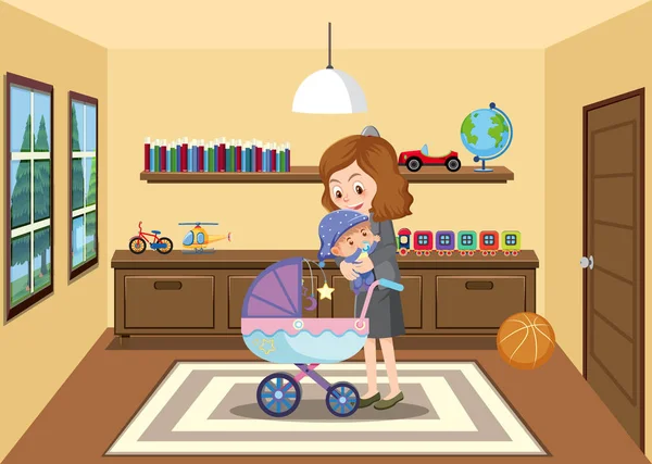 Mãe Leva Seu Bebê Carrinho Bebê Ilustração Estilo Cartoon Casa — Vetor de Stock