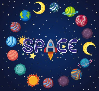 Çember şeklinde birçok gezegen içeren uzay logosu