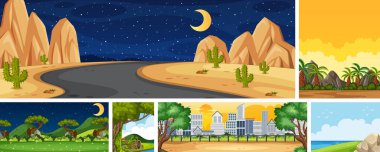 Gündüz ve gece illüstrasyonunda dikey ve ufuk sahnelerinde farklı doğa sahneleri.
