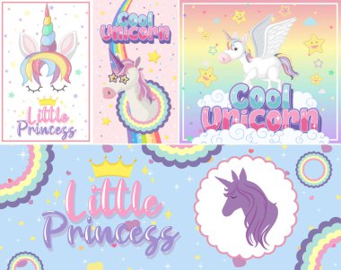 Pastel arkaplan renk illüstrasyonunda şirin tek boynuzlu at afişi