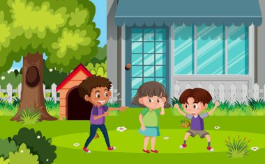 Park illüstrasyonunda arkadaşa zorbalık eden çocukların olduğu sahne