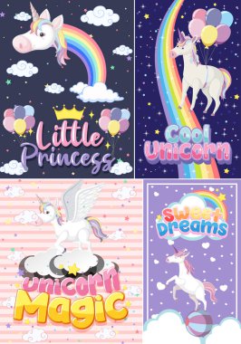 Pastel arkaplan renk illüstrasyonunda şirin tek boynuzlu at afişi