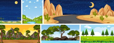 Gündüz ve gece illüstrasyonunda dikey ve ufuk sahnelerinde farklı doğa sahneleri.