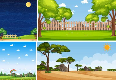 Gündüz ve gece illüstrasyonunda doğanın dikey ve ufuk açılı dört farklı sahnesi