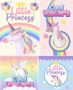 Pastel arkaplan renk illüstrasyonunda şirin tek boynuzlu at afişi